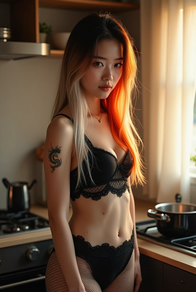 A Korean woman, 19yearsold, With long hair, Half white, Half black, with orange hair and bangs, heterochromia in the right eye red and the left white, sleepy eyes, freckles all over her body and face, arched eyebrows, piercing no septo, wearing a black top and black lace panties, no crop and transparent, she is in a kitchen cooking in a black pot, she is wearing transparent fishnet stockings, dragon tattoo from neck to leg, easy and delicate expression, delicate elf ears, delicate skin, imagem de alta qualidade 4k