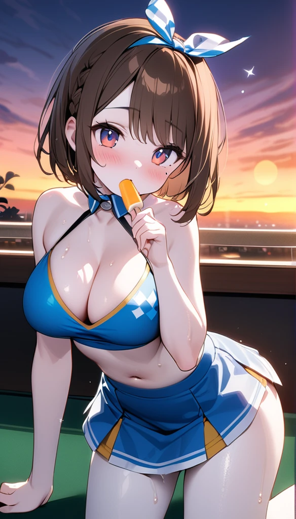 (1 person),(Best image quality, 8k, masterpiece:1.3), Anatomically correct, ((Brown hair bob cut:1.1)),(Swept-apart bangs,), (Cute eyes, Dark Eyes), (Mole under right eye), (thin), (Large Breasts),(Glowing Skin:1.1),(Pale skin:1.2),(Fantasyな雰囲気),(look up),Ultra-high resolution, Textured skin, Sparkle Effect, Fantasy,Bright Eyes,Gaze,
Black lace panties,Cheerleader,Braid, Ribbon on head, Wet body,Sweat,
Blue cheer uniform,mini skirt,belly button,Cleavage,Panty shot,
Eating a popsicle,smile, On all fours,Saliva stringing,Duck mouth,
evening,Club room,Sunset,Blushing,
