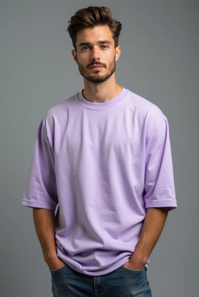 Handsome man, standing straight facing in front,wearing levendar colour oversized t-shirt, denim pants, against greyish background, cotton texture of t-shirt, oversized tshirt,round neck, half sleeves. Cotton texture of t-shirt should be visible little bit.