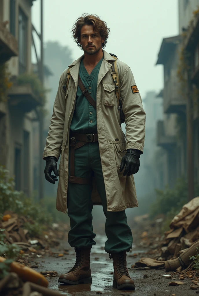 Create for me a doctor with 1,70 tall brown hair and eyes with robust body type in an apocalyptic world