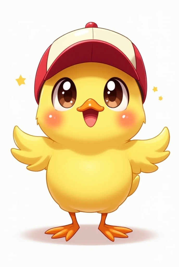 Create a cute cartoon-style yellow chick with big, round eyes. The cub has rosy cheeks, a small orange beak, and wears a red baseball cap with the beak facing backwards. The chick's wings are slightly open and it has a friendly, happy expression. Pokemon style. The background is completely white.