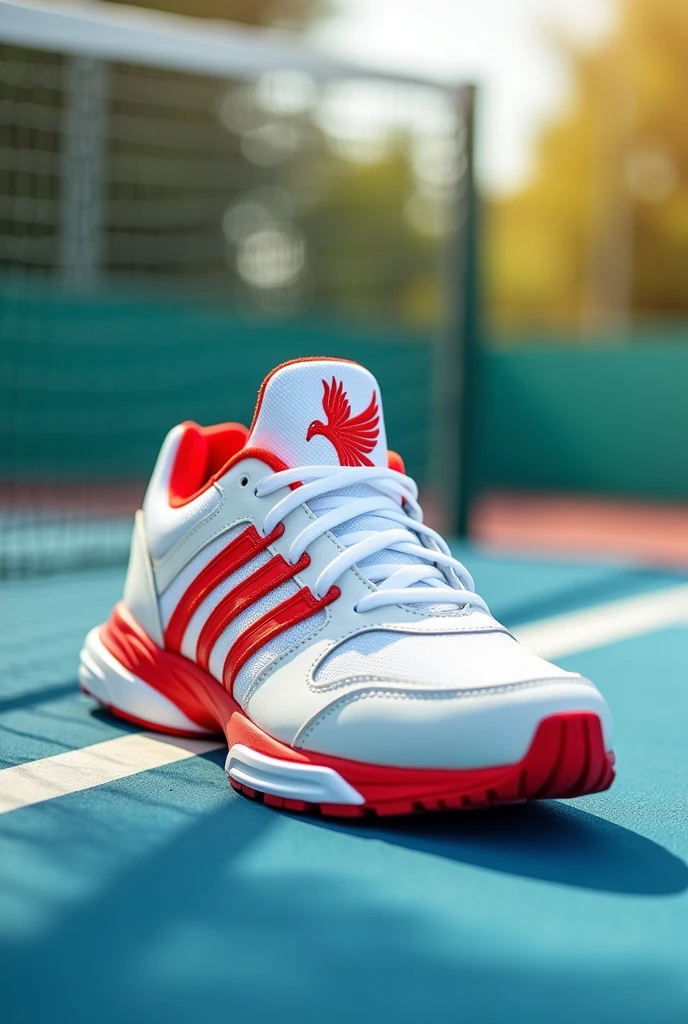Create a white and red tennis shoe with the logo being a phoenix