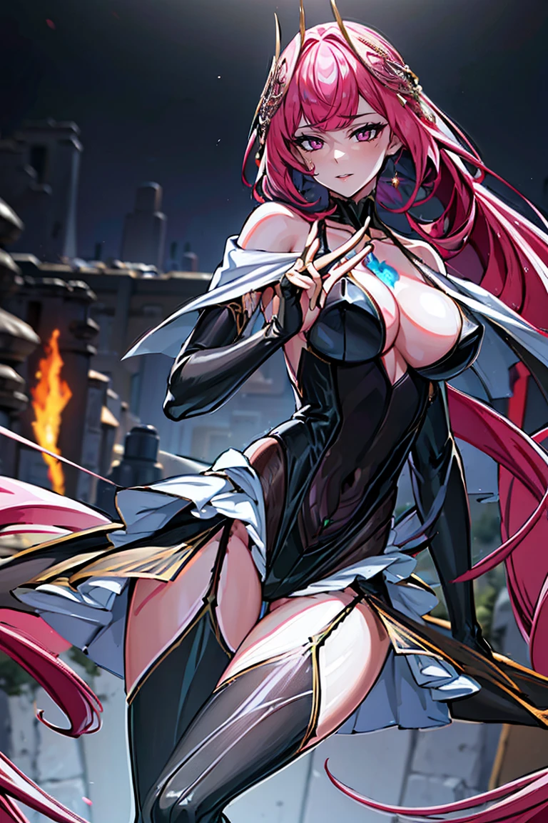 Smooth and Flawless Skin, Expressive and Captivating Eyes, Well-Defined Facial Features, Radiant and Healthy Glow, Perfectly Proportioned Face, Graceful and Symmetrical Features, Fine Details and Realistic Texture, cute face, absurdres, vivid color, beautiful portrait of cute anime girls, anime best girl, anime screencap, anime style, finely detailed, insanely detailed, exquisite, fantastic, amazing quality, top quality, professional quality, high quality, finely quality, official art, production art, super detailed skin, clear eyes, light eyes, light image, gleaming skin, oil skin, shiny skin, accurate face parts, cinematic, extremely detailed beautiful face and eyes, fair skin, 16k, 32k, 16k portrait, 32k portrait, masterpiece, Highest quality, ultra Detailed beautiful face and eyes, Detailed eyes, High resolution, beautiful, super fine illustration, extremely detailed unity cg 8k wallpaper, fearless face, perfect eyes, deep detailed eyes, perfect face, low ponytail, pink hair, hair ornament, pink eyes, leotard, zipper, white showgirl skirt, bare shoulder, thighighs, thigh high boots, bare thighs, cleavage, cleavage cutout, adult face, elbow gloves, jewelry, garter belt, garter straps, (((collarbone tattoo, chest tattoo))), hair between eyes, evil grin, perfect hands, perfect fingers, five finger, four finger and one thumb, skin tight, straight bangs, beautiful hair, very long skirt, perfect anatomy, perfect female body, perfect proportion, fingerless gloves, bare fingers gloves, extremely ultra detailed beautiful hands and fingers, one back hair, perfect hair, cowboy shot, long ponytail, one connected ponytail, arm and chest cloth,