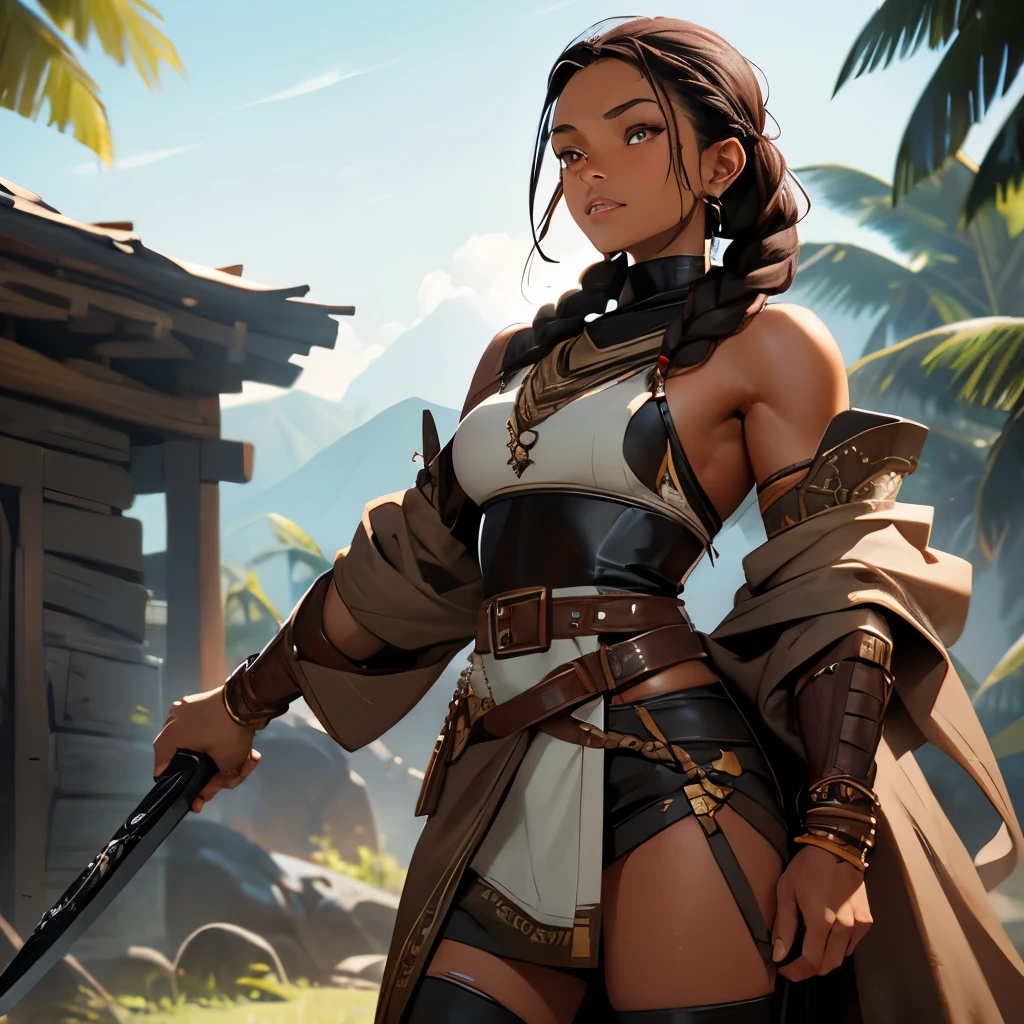 human female hunter, dark hair, brown skin, toned muscles, tribal braided hair, wearing full leather armor, Flowing cloth sleeves, Machete on hip, carrying potion