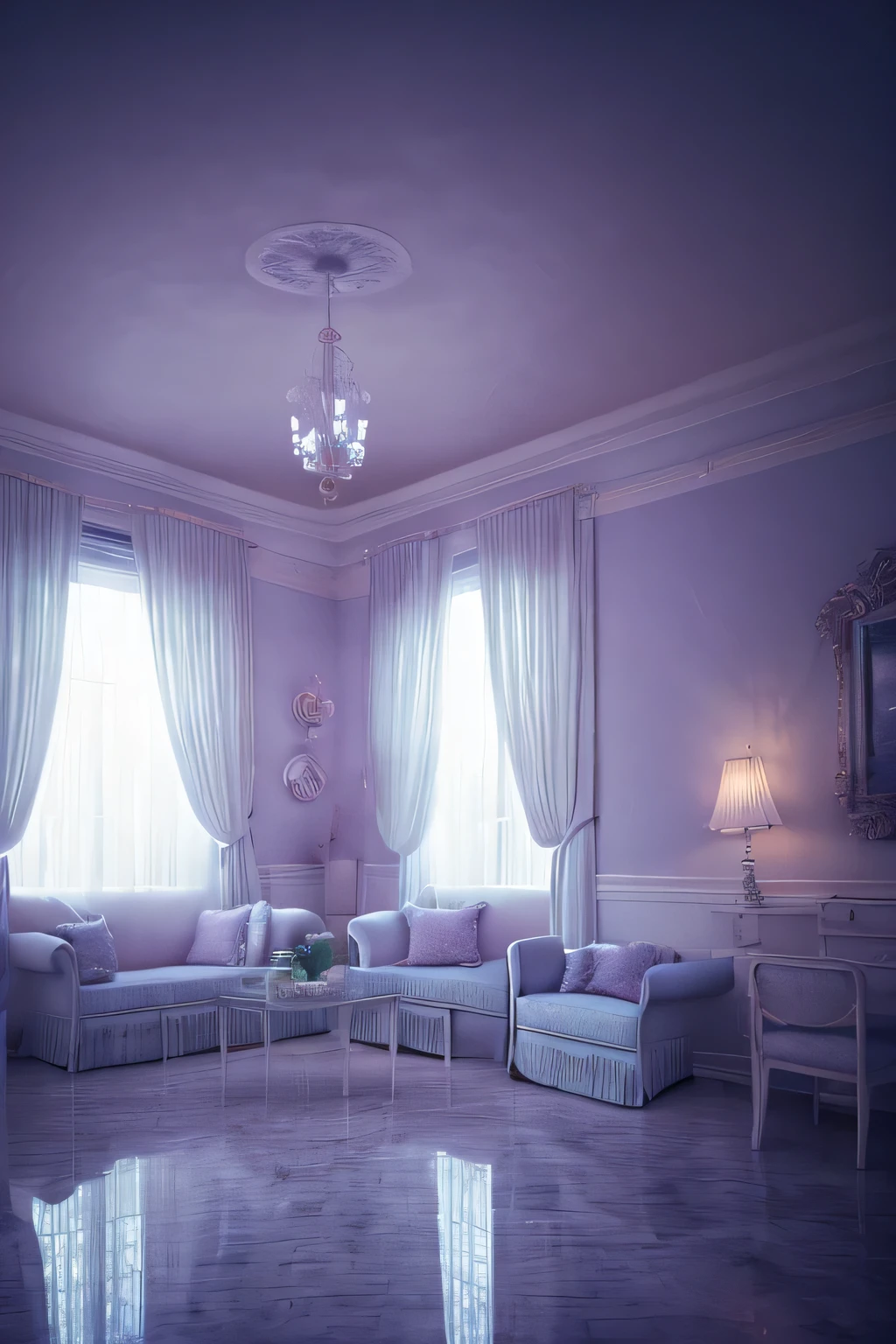 a dreamy white house, retro, foggy, soft focus, year of 1995, cool lighting, muted pastel colors, glowing atmosphere, dramatic shadows, cinematic composition, dream-like quality, ethereal, romantic, soft focus photography, dark blue hour, midnight, windy