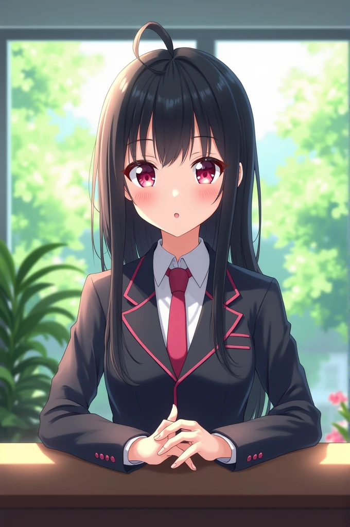 anime girl , black hair, pink eyes,White skin, receptionist,with a tender face