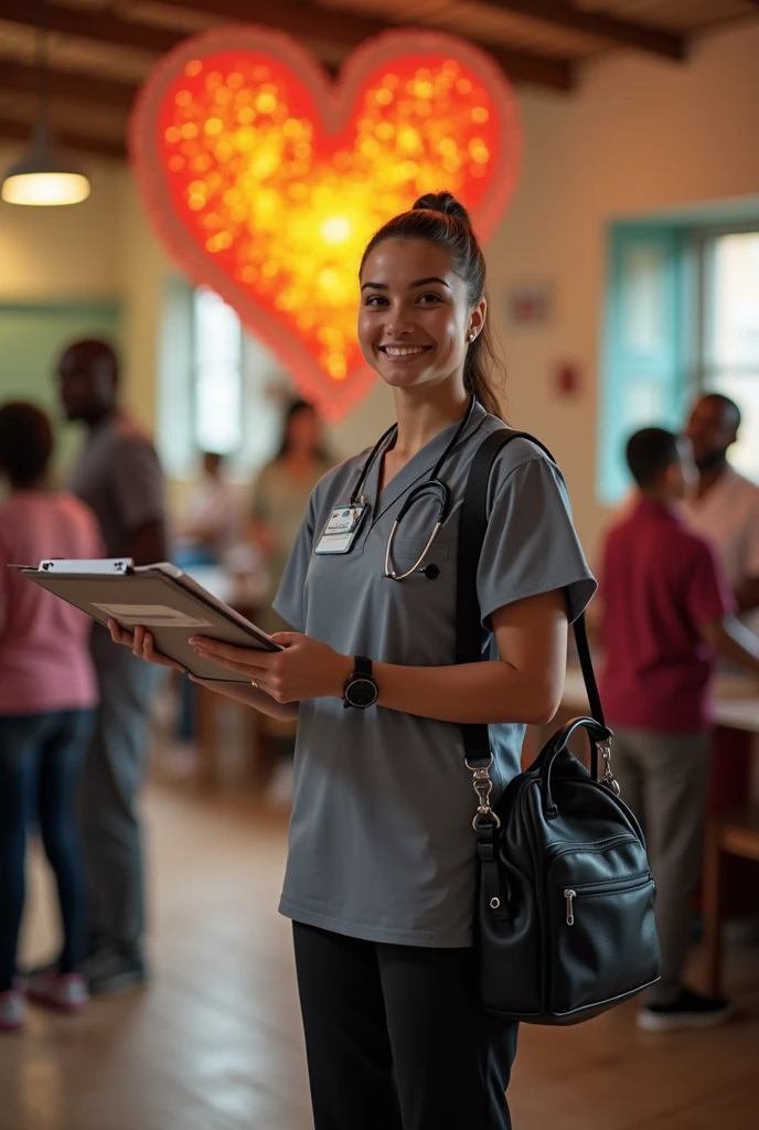 a full-fledged community health nurse dressed with
-Smile as part of the community duty uniform
-Duty Uniform (color gray polo and black pants)
-Black rubber shoes
-Black bag (with stethoscope, bp aparatus, pulse oximeter, alcohol, tape measure, sticker with control number, pen)
-Black watch
-Clipboard and community assessment tool
-Open hands as a symbol of patience and integrity
-Heart with fire as a symbol of passion for community service