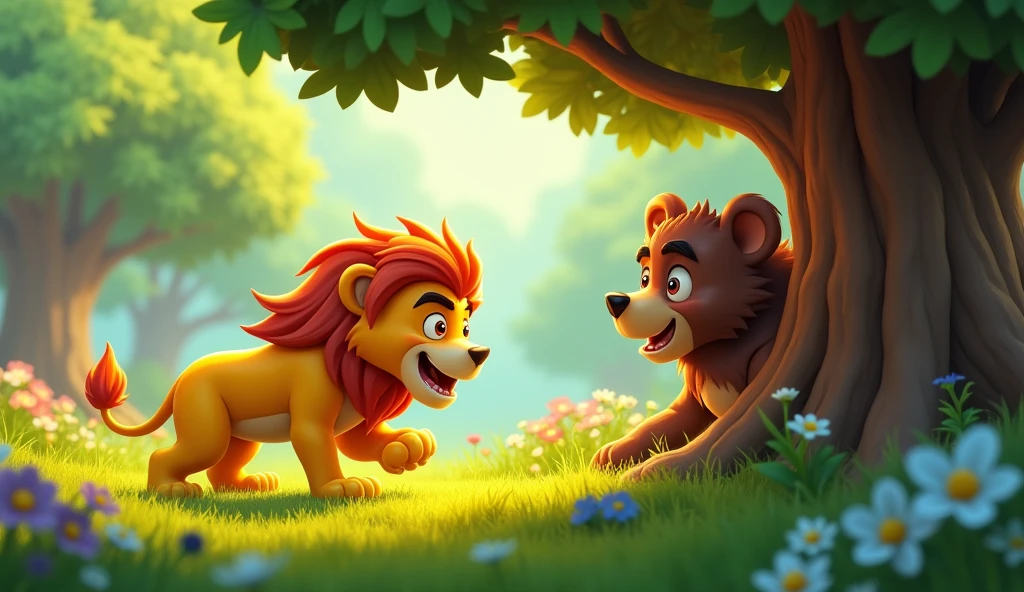 Lion trying to capture bear in forrest near tree and grass 3D cartoon