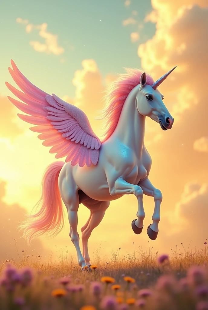 a unicorn galloping with wings and flying through the sky through yelow clouds
