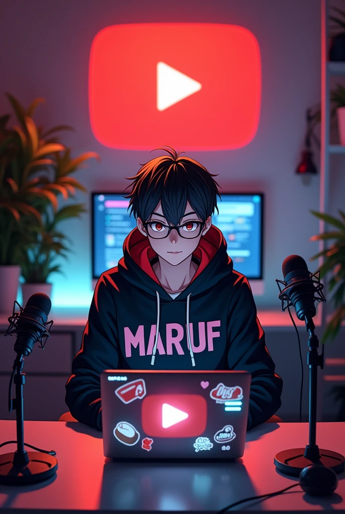 Create a image of "A 18 years anime boy Eye glasses , sitting in front of a computer desk with a microphone and laptop, wearing black and red hoodie with the Channel Name on it "MARUF", The background includes a large YouTube logo on the wall, potted plants on either side, and various recording equipment.