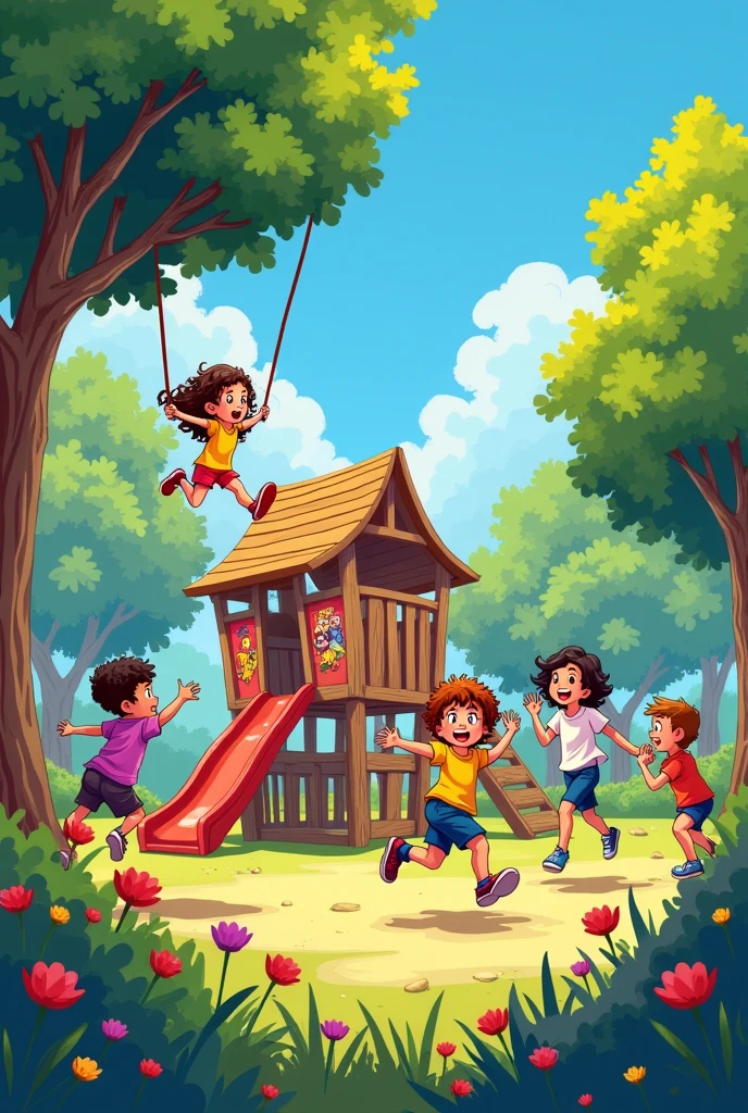 Some children are seen playing happily in a playground.
Draw the situation with emphasis on shape, space and action.