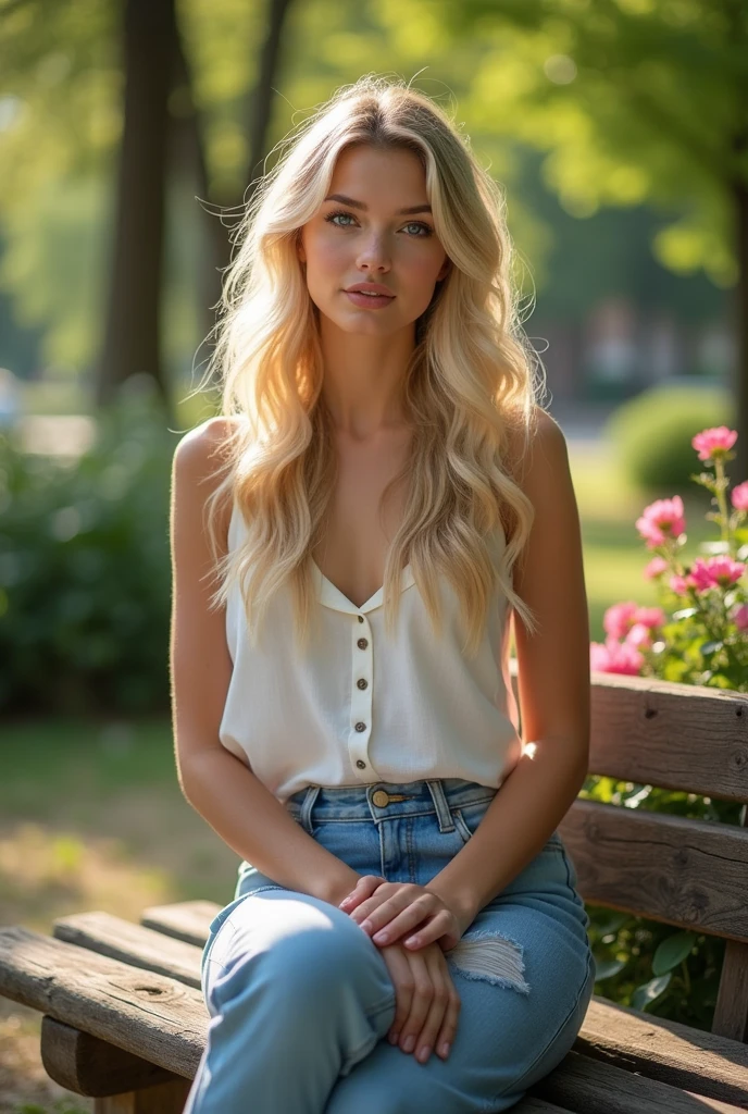 attractive and sexy young Russian woman, 18 years, beautiful baby face, blue eyes (totally naked), big breasts, light blonde hair, by the wide, earrings, (sitting on a bench in a public park),8k, RAW Photos, of the highest quality, masterpiece,of the highest quality