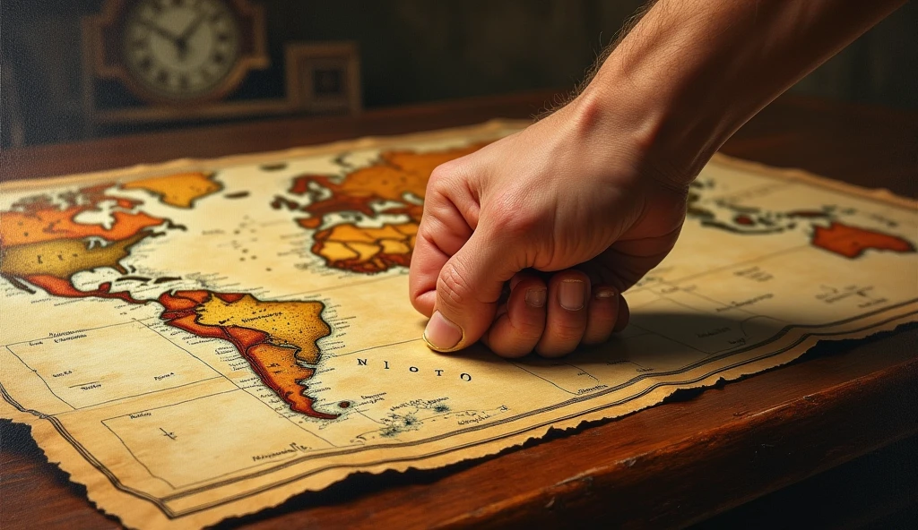 oil painting, old political map displayed on table, fist holding it
