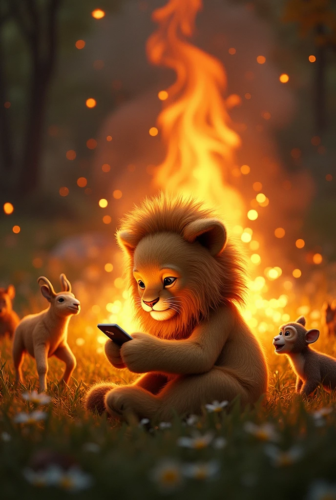 A little lion addicted to his cell phone with fire around him but he doesn't even care about the fire and continues on his cell phone and his friends run away in the meantime
