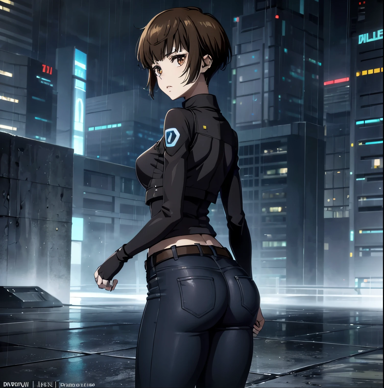 ((1girl)),((alone)),tsunemori akane, (psycho pass),(masterpiece), (best quality), (ultra detailed), (best illustration), (best shadow), (absurdities), focus sharp, cowboy shot, atmospheric perspective, depth of field, dynamic posture looking at viewer, medium breasts, narrow waist, wide hips, wide thighs, round butt, erotic, romantic, (highly detailed eyes, 1.1 lips), highly detailed eyes , eyes, Very detailed face, Very beautiful face, Symmetrical face, Aesthetic face, perfect face, perfect eyes, detailed eyelashes: 1.5), full height, beautiful slim figure, femininity, expressive appearance, elastic medium breasts, sexuality, half-open lips, brown hair, short hair, brown eyes, white skin, police clothing, bulletproof vest, black vest, fingerless gloves, black gloves, blue pants, jeans, belt, combat boots, white shirt, long sleeves, written clothing , hand on hip, curves, defined body, Perfect and beautiful body, perfect and beautiful, closed mouth, serious expression, neutral grimace, (sexy pose: 1.2), ((solo)), standing: 1.3, ((outside, cybeppunk landscape, cityscape, futuristic streets, futuristic city, light reflection, clouds, rainy, night, city lights)), looking back, from behind, ((focus on butt)), point of view :( from below), perfect anatomy, perfect hands