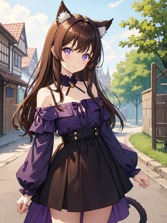 A cute anime-style girl with cat ears and purple eyes, wearing an off-the-shoulder blouse and medieval fantasy . She has brown hair, and a small village can be seen in the background, all in an anime style. 