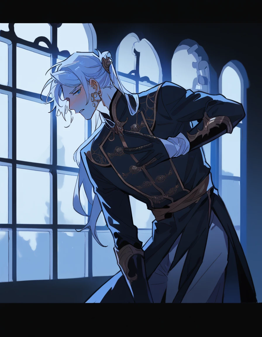 a man with long white hair, tied in a ponytail hairstyle, blue eyes a penetrating look, expression would be, dressed elegantly like a king, clothes with gold embellished details and white wrist-length gloves, His clothes have many details that resemble machines and gears. he has a mature and responsible appearance, as if he were older than he really is, at the same time the environment he finds himself in is dark and mysterious, he has his back to a window, where the waning moon stands out