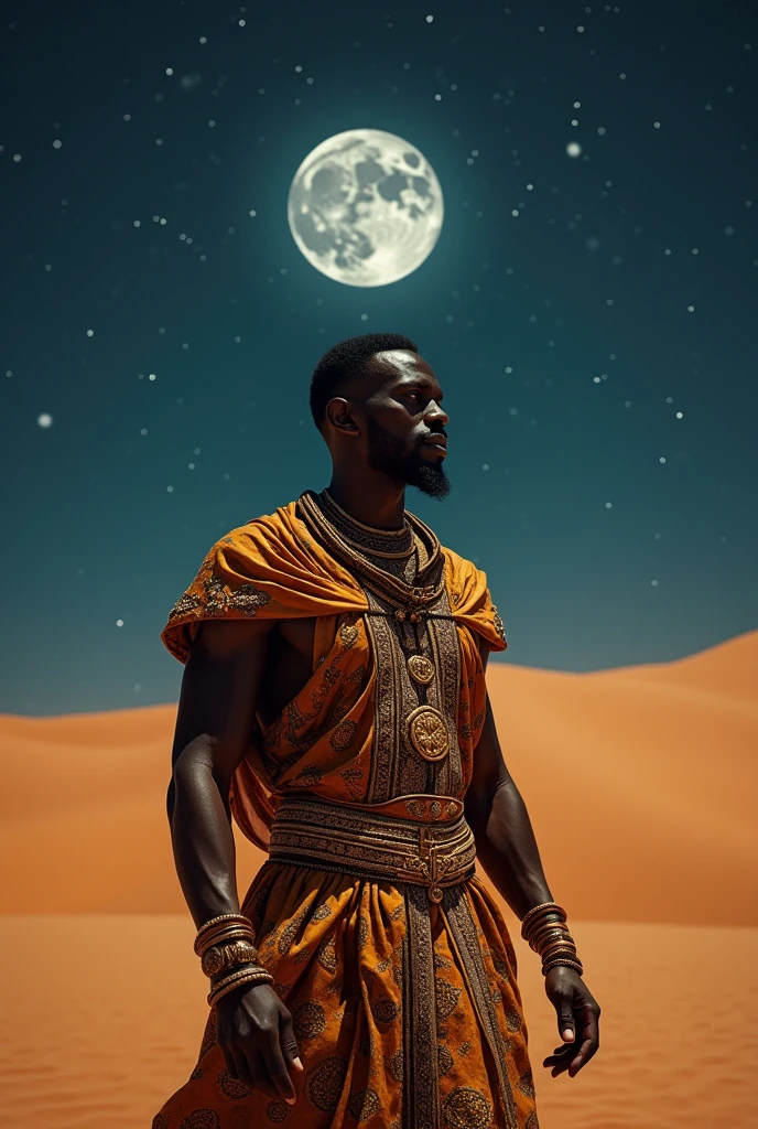African male in Royal garment with sand manipulation powers
in a dessert and creating six giant sand beast
At night 