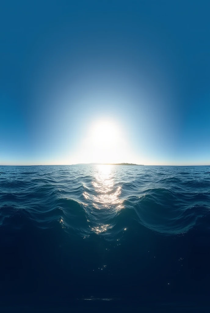 create a 360 panorama with a clear blue cloudless sky with a sun at the end and a dark ocean all below