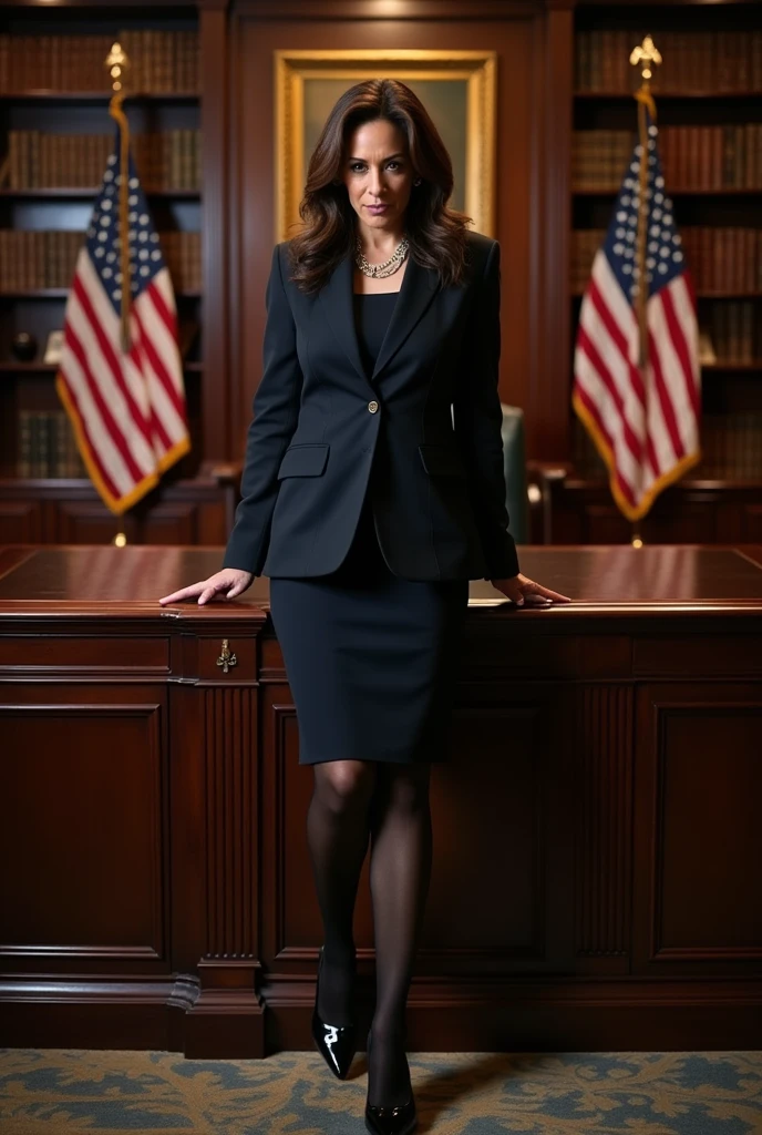 VP Kamala Harris sweating in shiney pantyhose and heels while standing next to a desk looking down at the camera disapprovingly