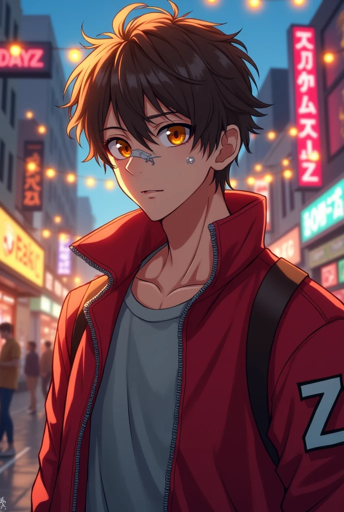 a brown messy hair guy with a red unzipped jacket with the logo Z on his right sleeve, Orange eyes, Grey shirt, Handsome, a ring on his finger,bandage on his nose, anime style