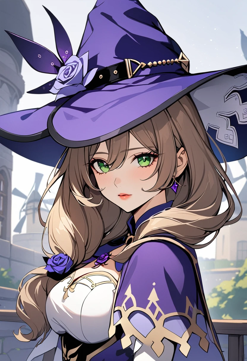 Beautiful girl, Perfect Face, Arms at your sides, masterpiece, Ultra-high resolution, high quality, 4K, Upper Body:1.5,  Lisa (Genshin Impact), urple witch hat, Green Eyes, Brown Hair, (Pure Eros Face_v1:0.008), (European:1.6), bangs, dress, Rose, jewelry, witch, Capelet, Purple hat, Black gloves, Purple Flower, Hair between the eyes, purple Rose, Lips parted, purple Capelet, Hat Flower, multicolored dress, hair ornaments,  windmill, From the side,