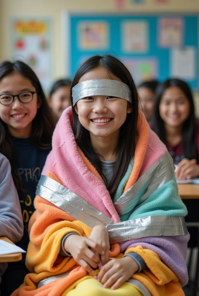 Create a girl named Huynh in high school, wrapped in blanket and duct tape by friends. Wrapped so tightly that it cannot get out, wrap the blanket tightly around the body, only the head is exposed, like a mummy