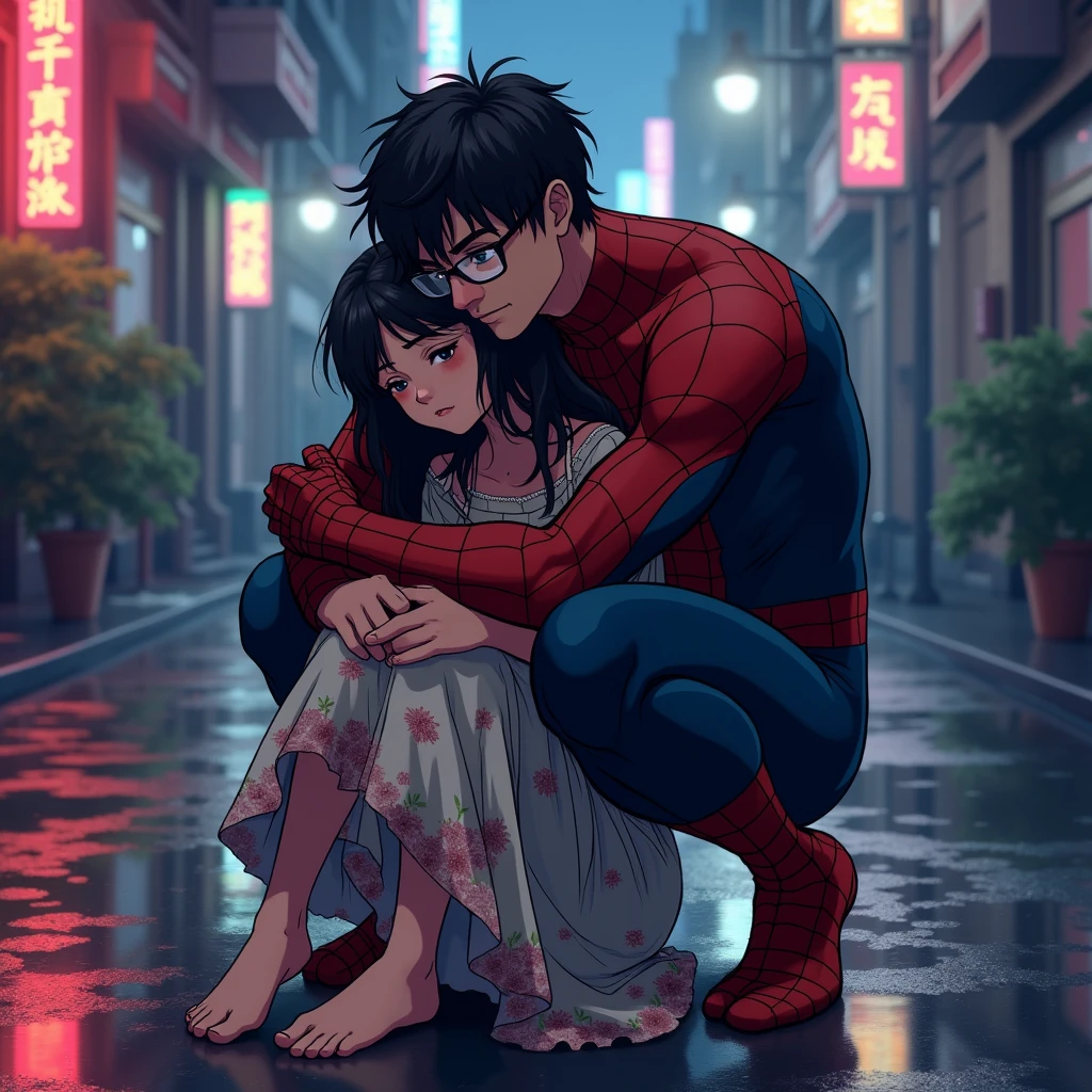 anime art: marvel art style, a masculine 20-year-old male with a big bulge with dark fadeout hair and glasses, wearing spider superhero outfit , he's crouching down behind a sad female wearing floral dress. he's behind her. hugging. He's squatting down behind her