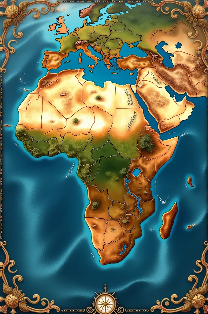 Detailed map of a continent surrounded by seas, the continent has seven countries of varying sizes