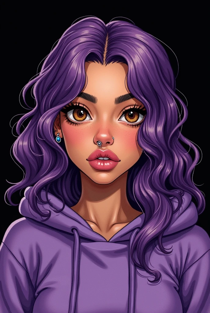 Drawing of a chubby Brazilian woman with white skin, Round face, wavy purple hair on the side, neck length, wearing purple hoodie, light brown eyes, piercing in the septum and above the lips, ear plug, black backdrop