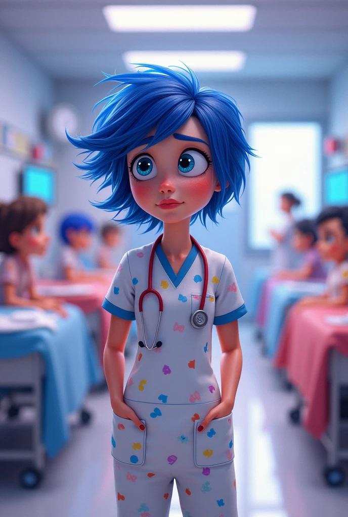 The character Anxiety from the movie Inside Out 2 dressed as a nurse, not cartoon style