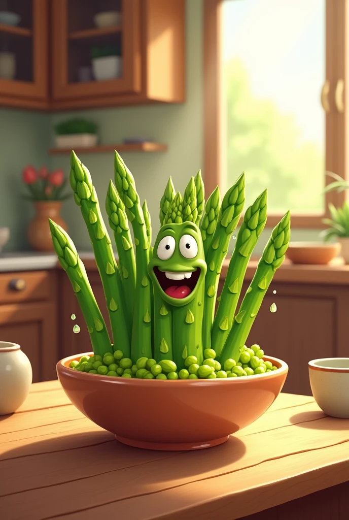 A picture of a bowl of asparagus eating with a chewy texture.
