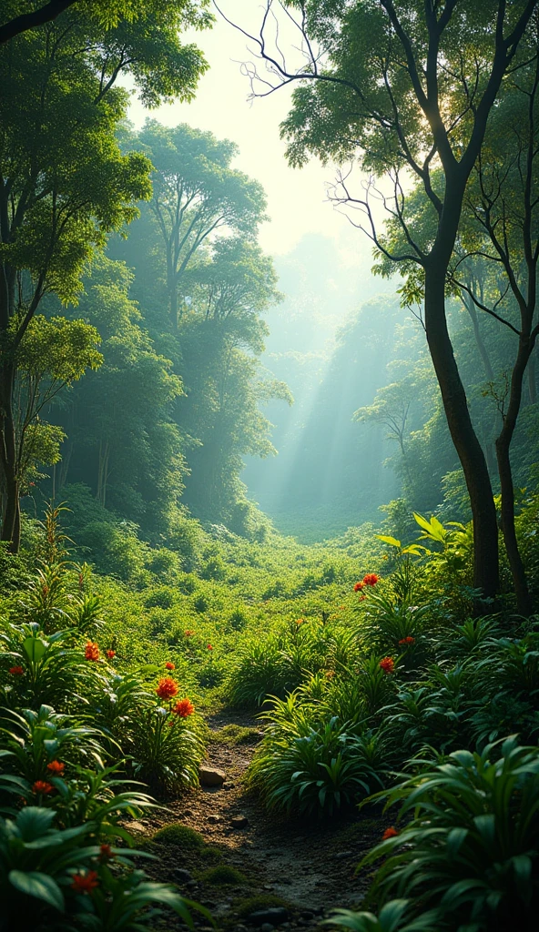 A field of low forest and several trees in the Amazon rainforest