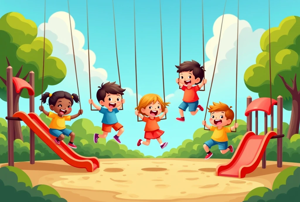 Some children are seen playing happily in a playground.
Draw the situation with emphasis on shape, space and action.