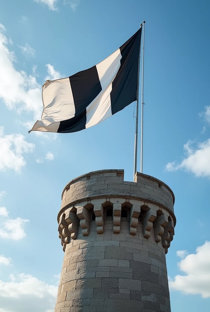 A flag with black and white stripes is flying on the tower