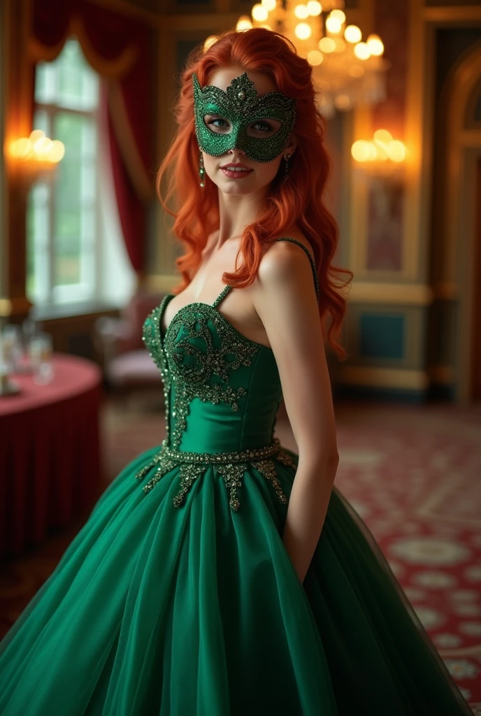 Redhead woman in green ball gown and mask, fully body, facing the front