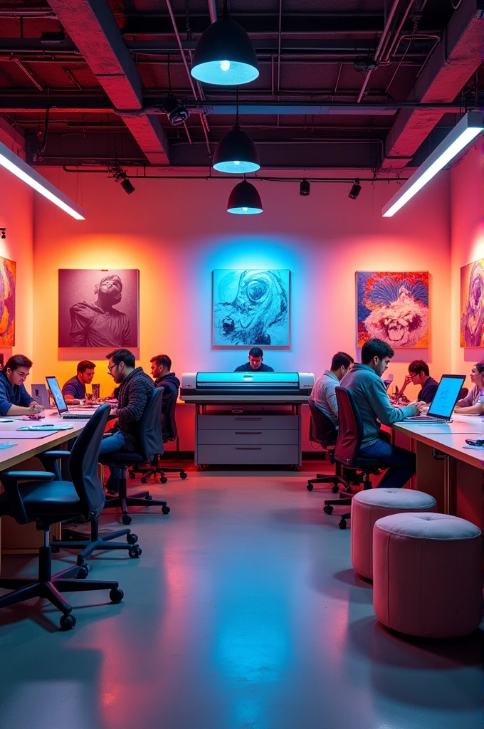 Graphic agency workshop with printers, design area and waiting area with blue, orange and fuchsia gradient tones