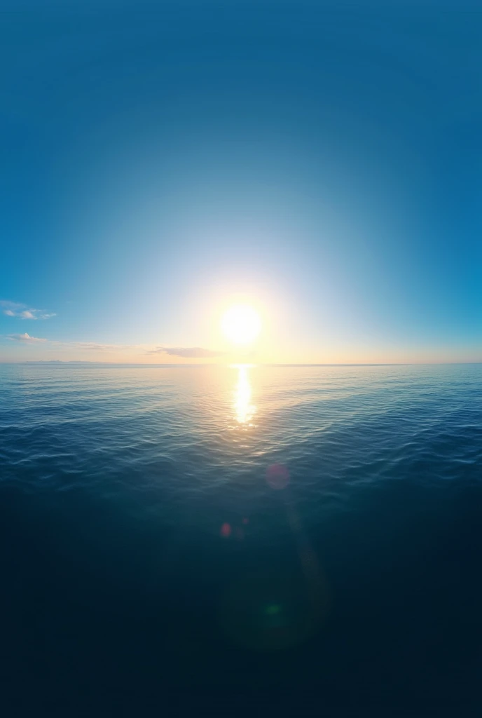 create a 360 panorama with a clear blue cloudless sky wit? a sun at the end and a dark ocean all below with no waves