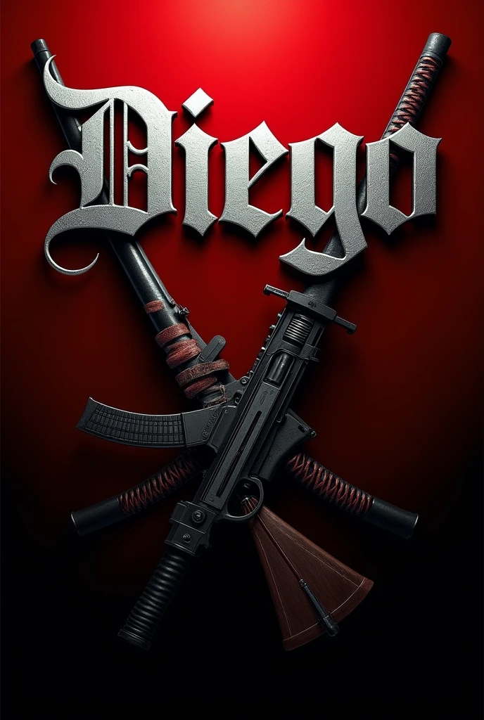 A poster of the name Diego in very large silver gothic letters over a crossed katana and M13 assault rifle, on a scarlet red to black gradient background