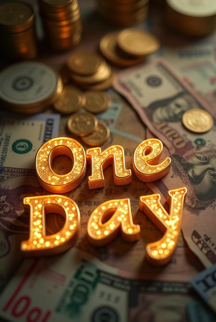 Image with money in the background and One Day written in front in gold