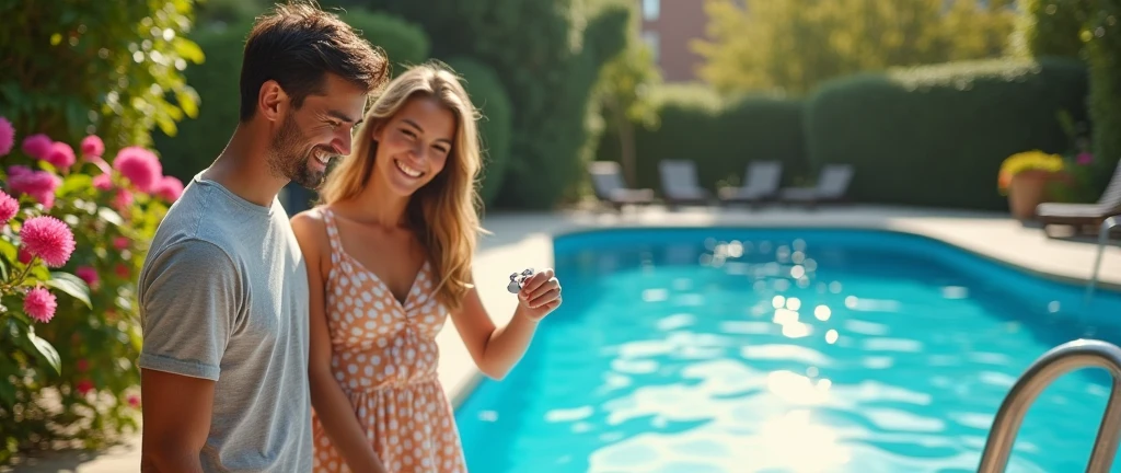 A happy couple accessing a community pool, by placing an RFID Proximity keychain on a reader on the side of the gate to open the door.
The pool is big, with an irregular shape and a lot of garden.
The girl must have in her hand a white keychain measuring 20mm x 20mm.
The fence must have a maximum width of 2 meters. 