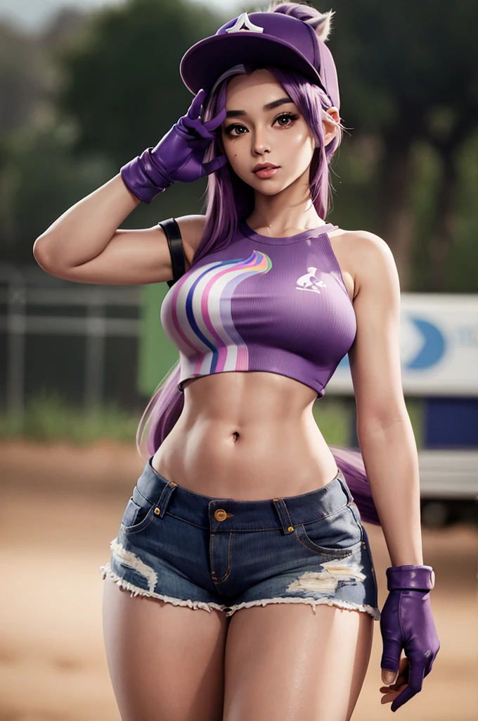 (masterpiece:1.2), (Best Quality:1.2), 1 girl, PlayaBombardero, standing, purple hair, Horse tail, baseball cap, crop top, diaphragm, belly button, Short shorts, torn clothes, Gloves without fingers, in the desert