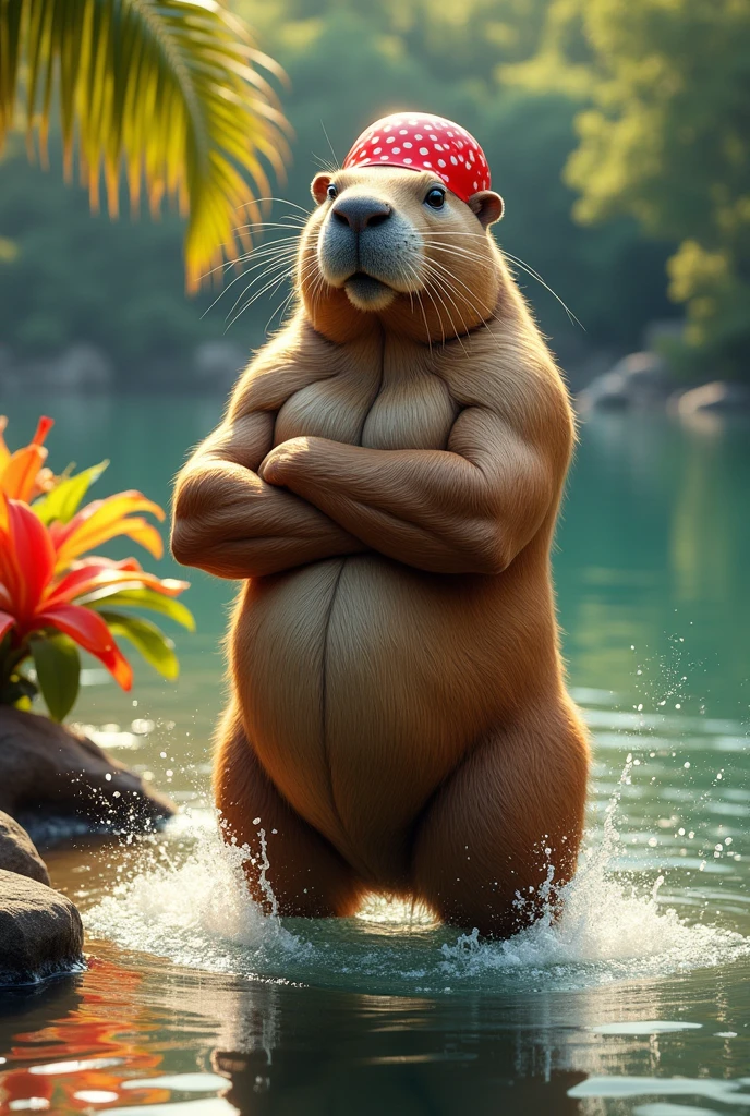 Make a muscular capybara with a swimming cap