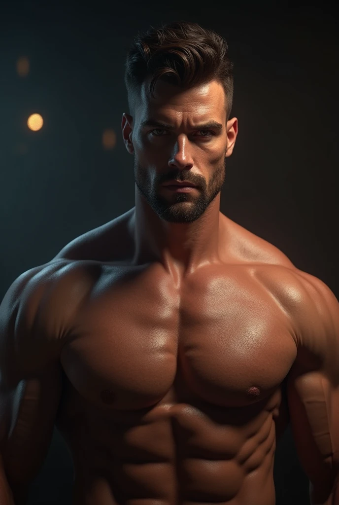 muscular sexy man, extremely detailed face and body, perfect facial features, piercing eyes, chiseled jawline, detailed muscles, shirtless, strong pose, dynamic lighting, dramatic shadows, cinematic lighting, hyper realistic, 8k, photorealistic, unreal engine, concept art, dramatic colors, moody lighting