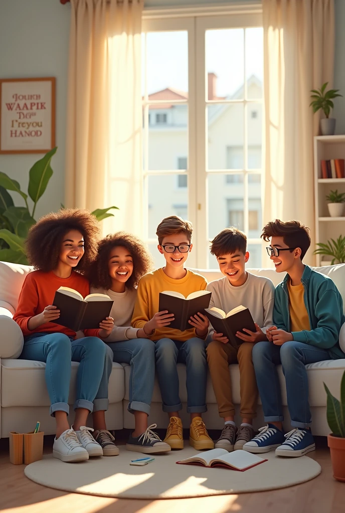 Happy young teenagers gathered in a white apartment living room reading the bible