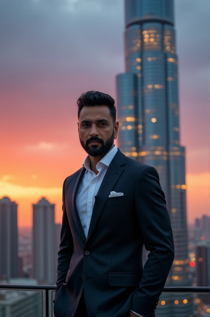 Rohit sharma infront of skyscraper at evening time in suits