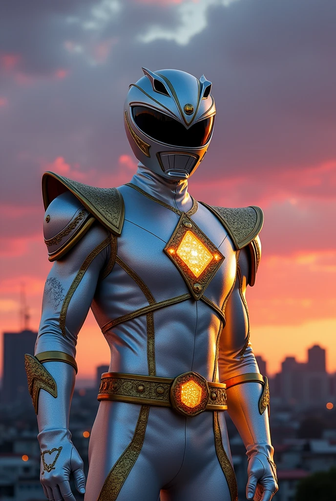 tall person in
silver powerranger suit with a gold diamond pattern a hexagon belt buckel with gold gem a silver helmet no extra on belt no white lines on gloves no red gold gloves