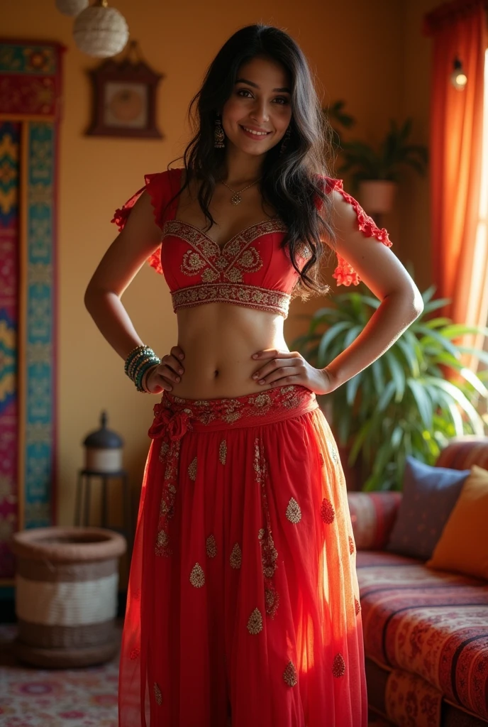 A cute 20 years old indian girl photoshoot in room , model pose , rough dry face skin , sexy and hot , indian dress churidar , full body view