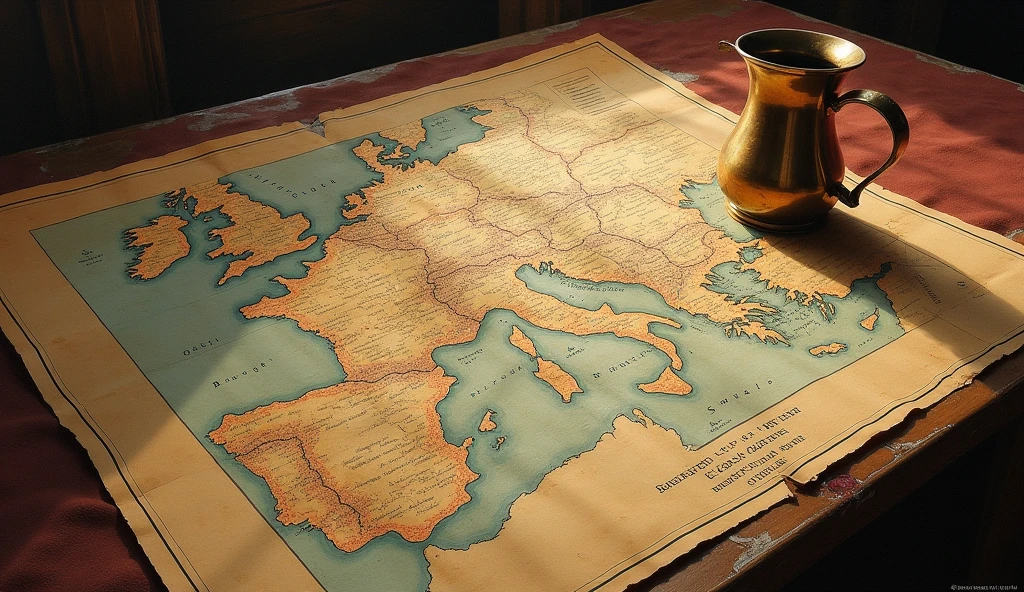 oil painting, old political map of a region displayed on a table, punch on map
