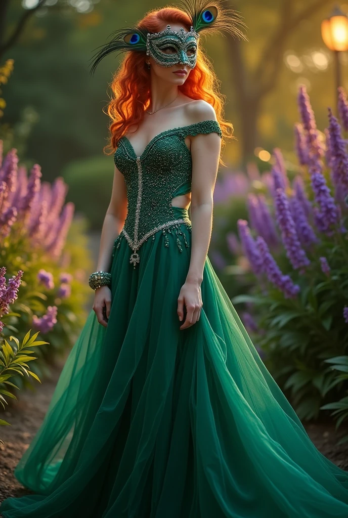 Redhead woman in green ball gown and mask, fully body